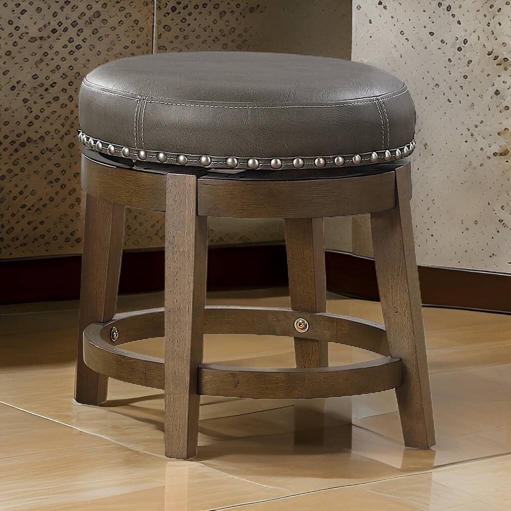 Bara 20 Inch Swivel Dining Stool, Gray Round Faux Leather, Set of 2, Brown