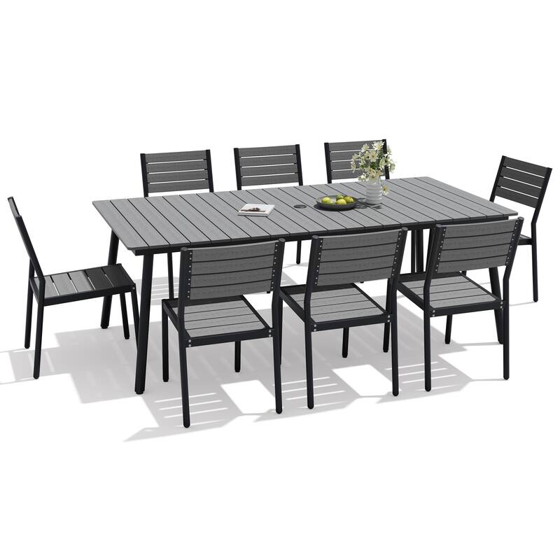 9-Piece Outdoor Patio Dining Set Wood-Like Table Top Alumium Umbrella Hole Table with Stackable Armless Chairs