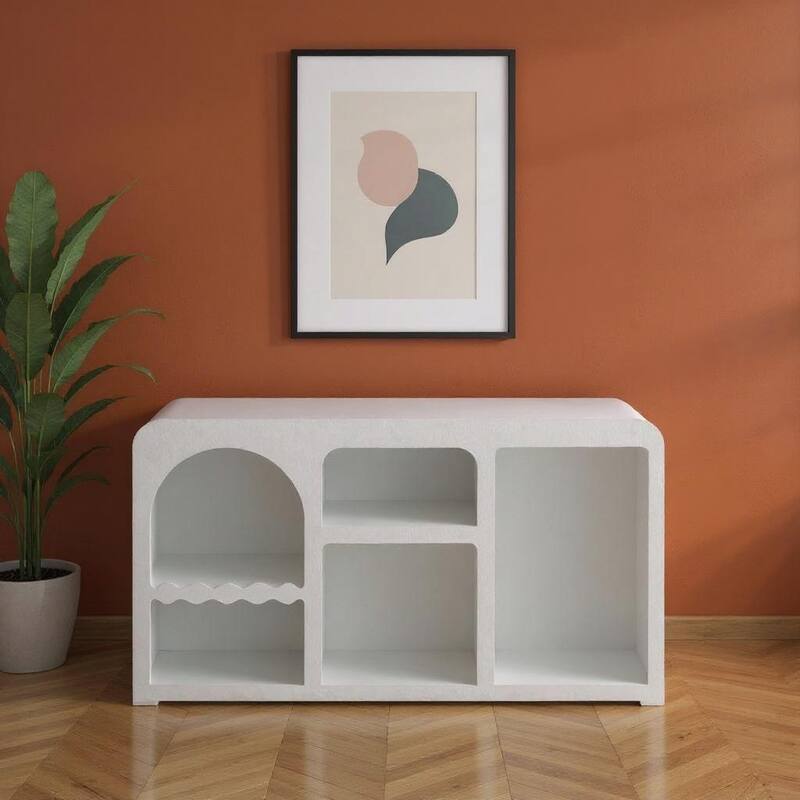 HomeRoots 30" White Fiberglass Cut Out Console Table With Shelves - 30.00 in. x 50.00 in. x 15.00 in. - White