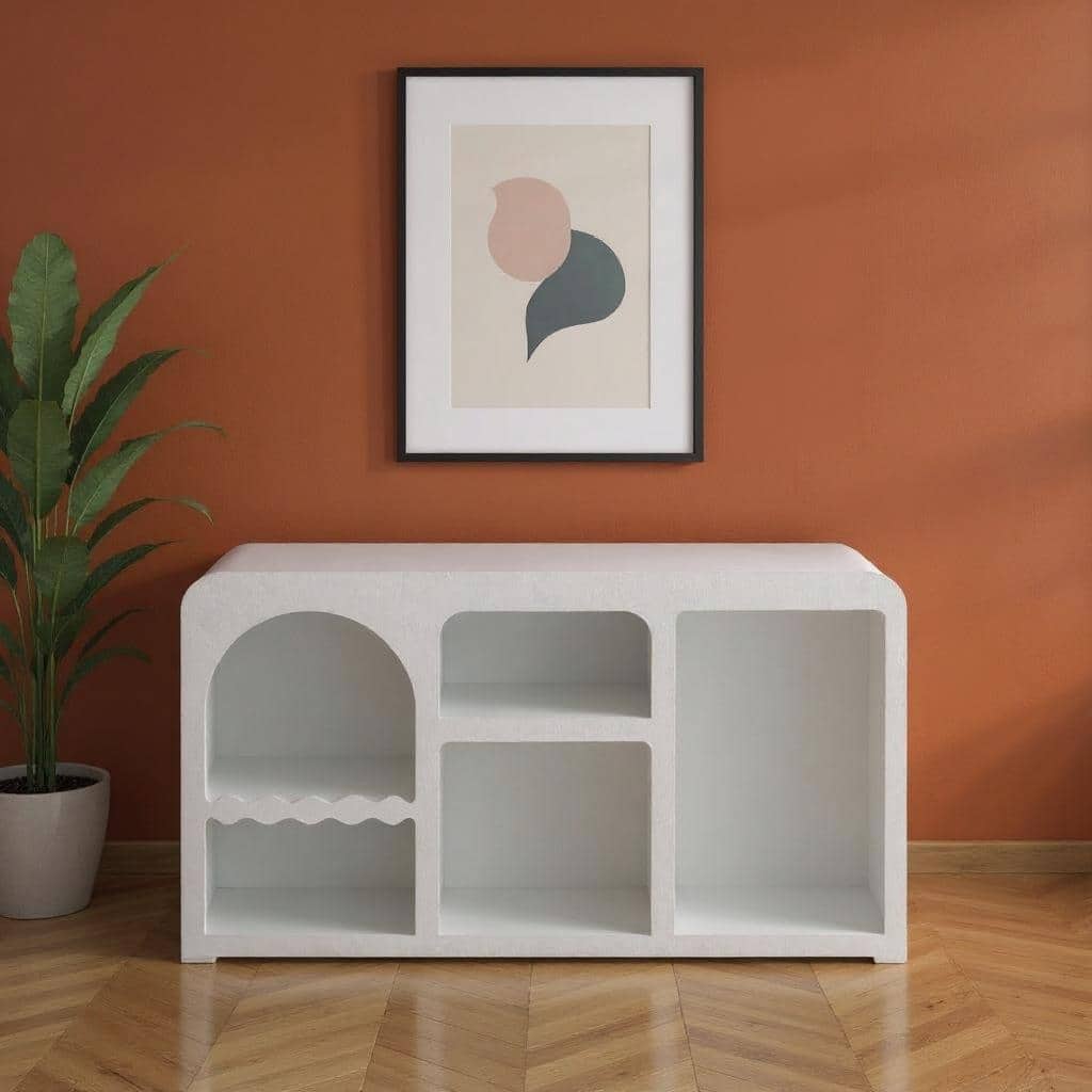 HomeRoots 30" White Fiberglass Cut Out Console Table With Shelves - 30.00 in. x 50.00 in. x 15.00 in.