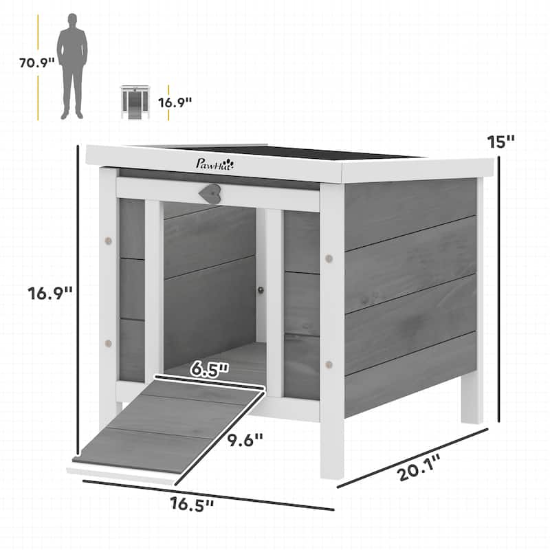 PawHut Small Wooden Rabbit Hutch Bunny Cage Guinea Pig House Dog Cage with Openable & Waterproof Roof, Grey