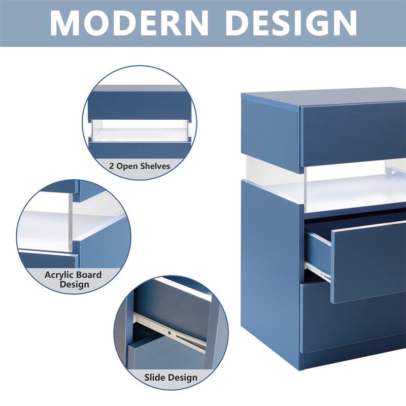 3 Drawer Nightstands with Acrylic Board and LED Light