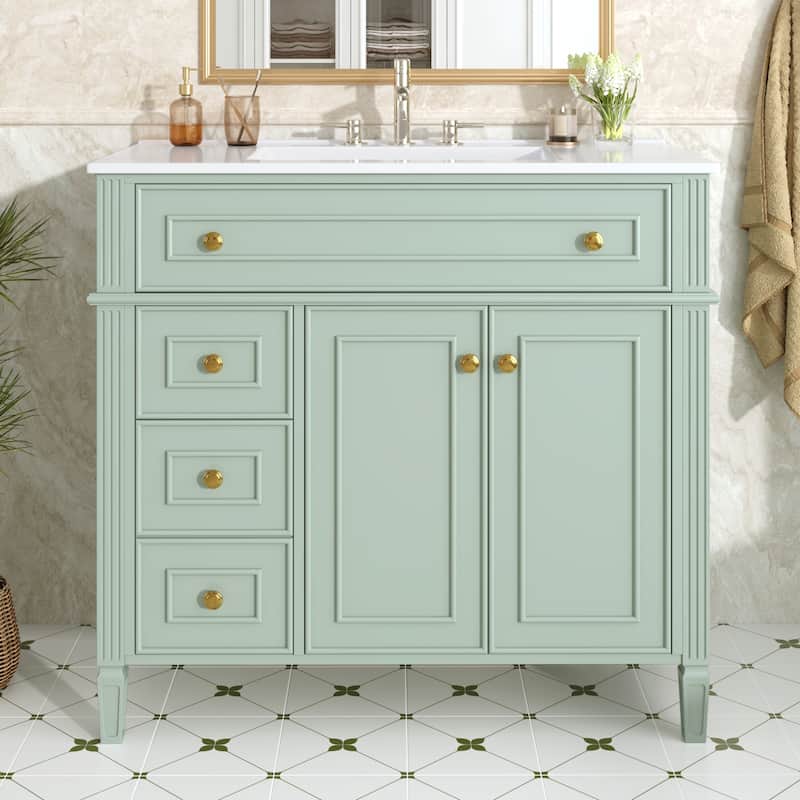 36" Bathroom Vanity with Sink, Solid Wood Cabinet with Flip-Out Drawer, 3 Soft-Close Drawers & 2 Doors, Gold Handles