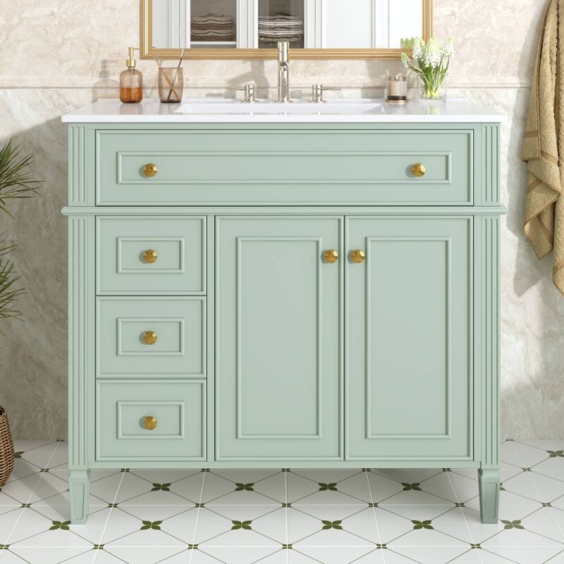 Roomfitters 36" Bathroom Vanity with Sink, Solid Wood Frame, Flip-Out Drawer, 3 Drawers & Soft-Close Doors - Green