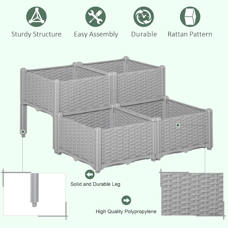 Outsunny 4-Piece Rattan Raised Garden Beds Outdoor Planter Boxes with Different Stacking Arrangements, Self-Watering Design