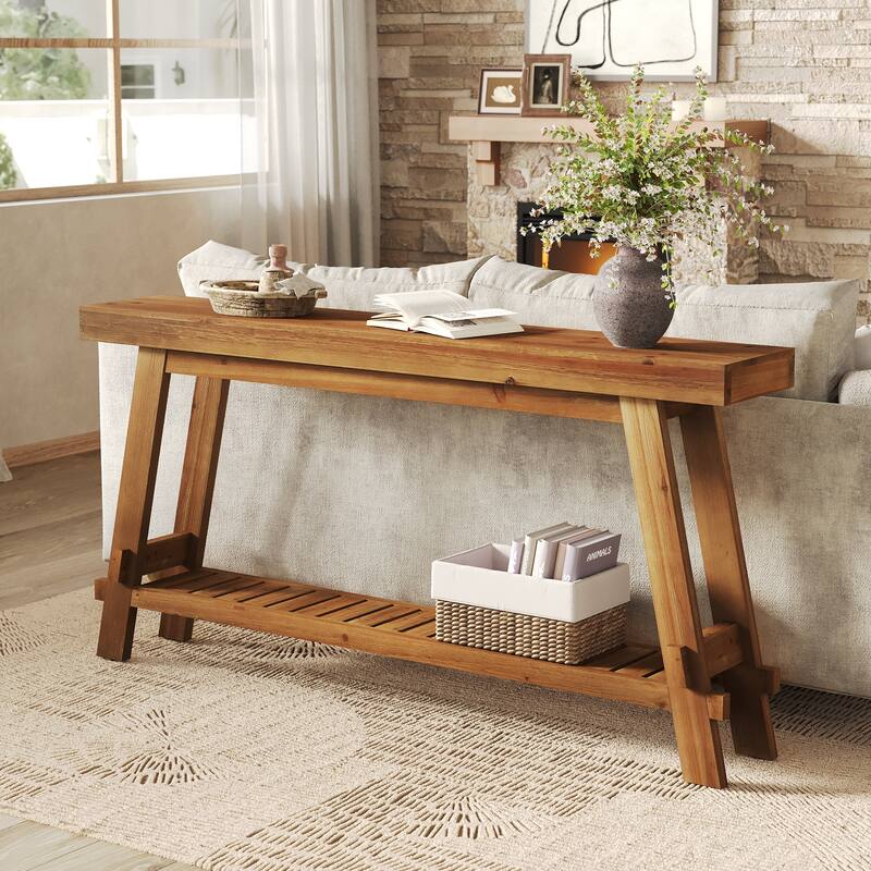 63 Inch Long Solid Wood Console Table with Shelf for Entryway