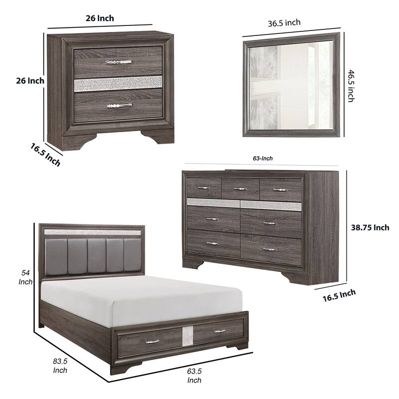 Lucy 4 Pc Queen Bedroom Set, Faux Leather Channel Tufted, Silver Accents, Gray
