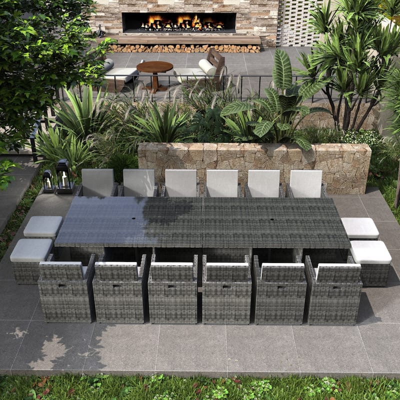 16-Seater Aluminum Patio Dining Sets with Cushions and Tempered Glass Tabletop
