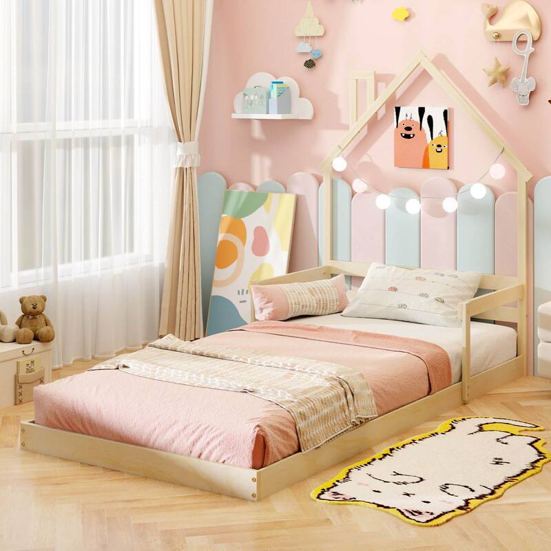Costway Twin Size Floor Bed for Kids with Chimney Headboard & Handrail