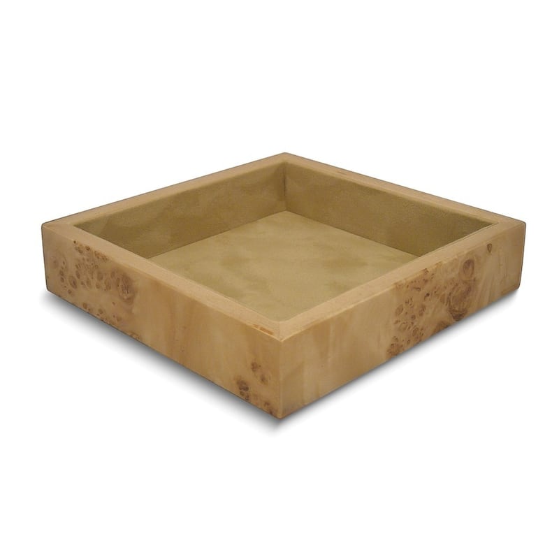Curata High Gloss Tan Burlwood Finish Felt Lined Square Wood Composite Valet Tray