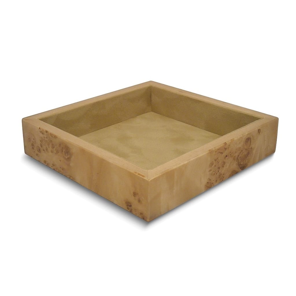 Curata High Gloss Tan Burlwood Finish Felt Lined Square Wood Composite Valet Tray