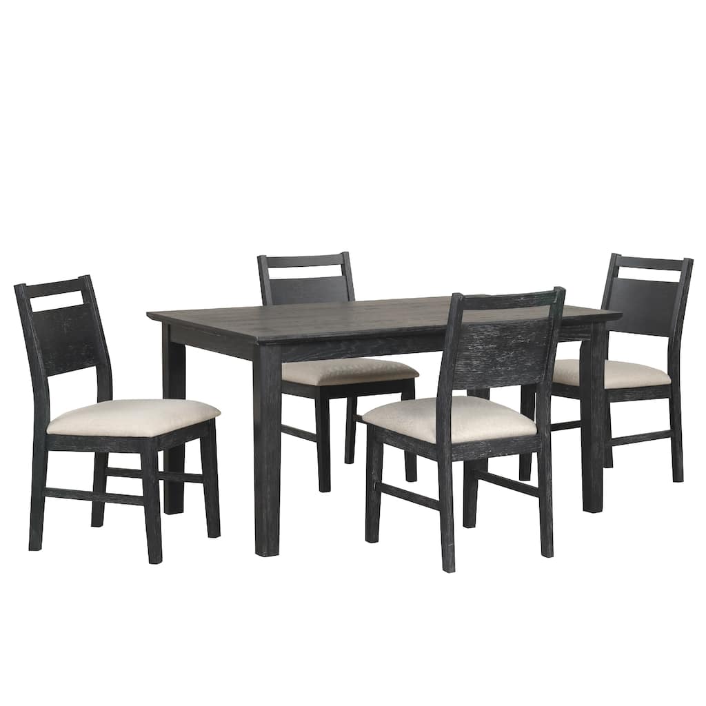 Saby 5pc Dining Table Set, 4 Side Chairs, Black Rubberwood, Light Brown