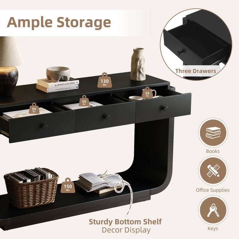 Mid-Century Modern Console Table with 3 Storage Drawers and Display Shelf for Entryway or Living Room Use