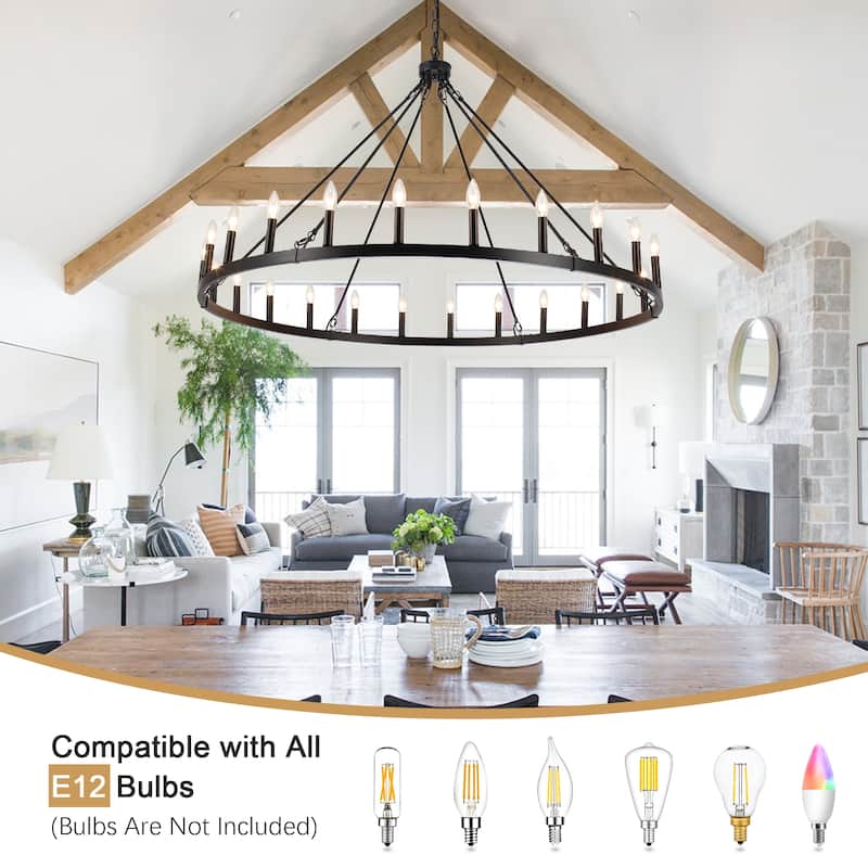 24 - Light 52in. Lagre Dimmable Wagon Wheel Chandelier Farmhouse Round Vintage Candle Style Light - N/A