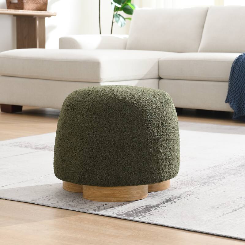 Olive Green Round Teddy Fabric Ottoman - Fully Assembled Footrest & Seating