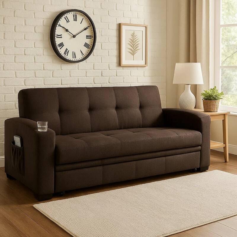 Futon Sofa, Brown Fabric Upholstery, Pull Out Base, Button Tufting