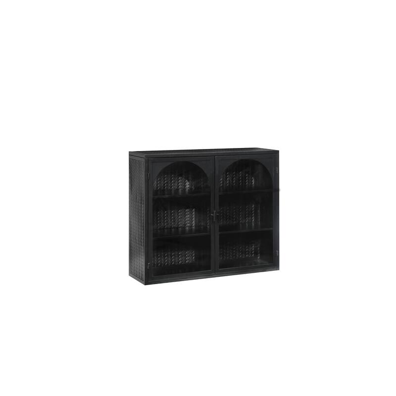 Modern Two-Door Wall Cabinet with Woven Pattern and Glass Doors, 3-Tier Storage for Bathroom, Entryway & More