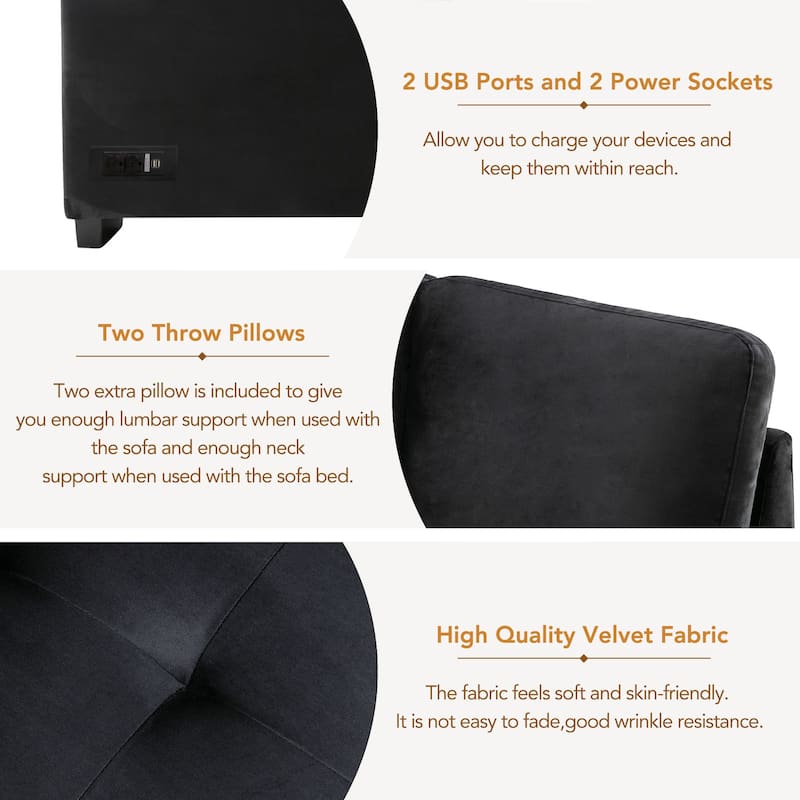 Black 84.75'' L-Shaped 5-Seat Sleeper Sectional Sofa with Storage Ottoman, Hidden Arm Storage, and USB Charging for Living Room