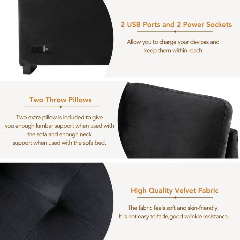 Velvet Sleeper Sectional Sofa, L-Shape Corner Couch Sofa-Bed with Storage Ottoman, Hidden Arm Storage, USB Charge