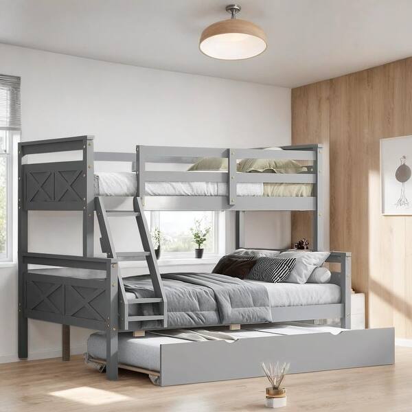 slide 2 of 23, Twin over Full Bunk Bed with Ladder, Trundle, Safety Guardrail Grey