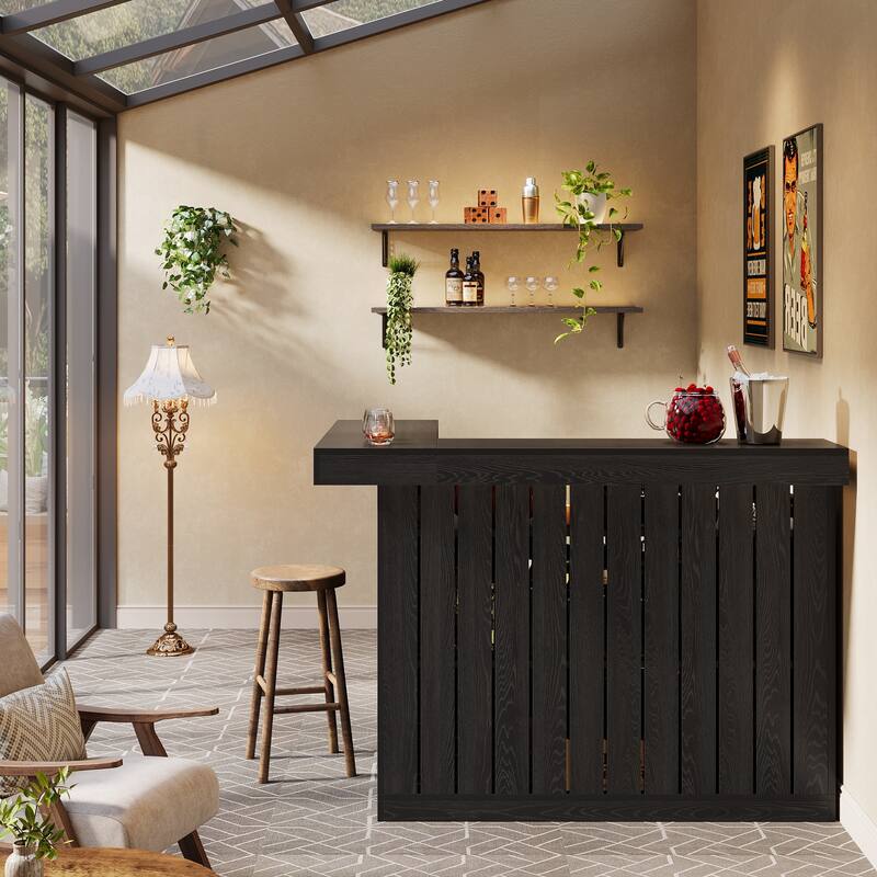 Home Bar Unit, Corner Liquor Bar Table with Storage Shelves & Wine Glass Holder, Pub Reception Accent Cabinet Desk