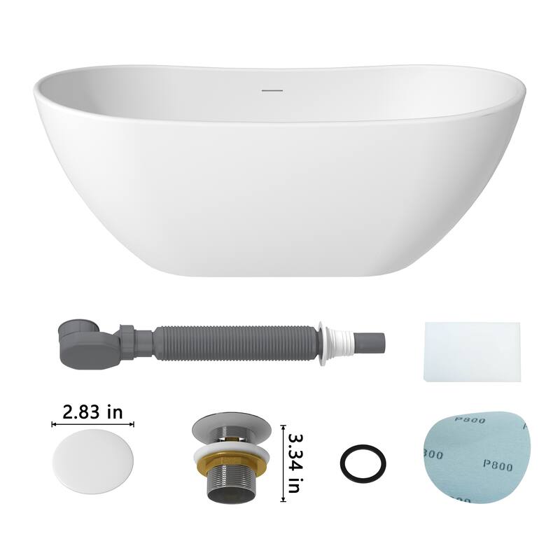 CASAINC Matte White Soaking Bathtub Solid Surface Stone Bathtub with Center Drain