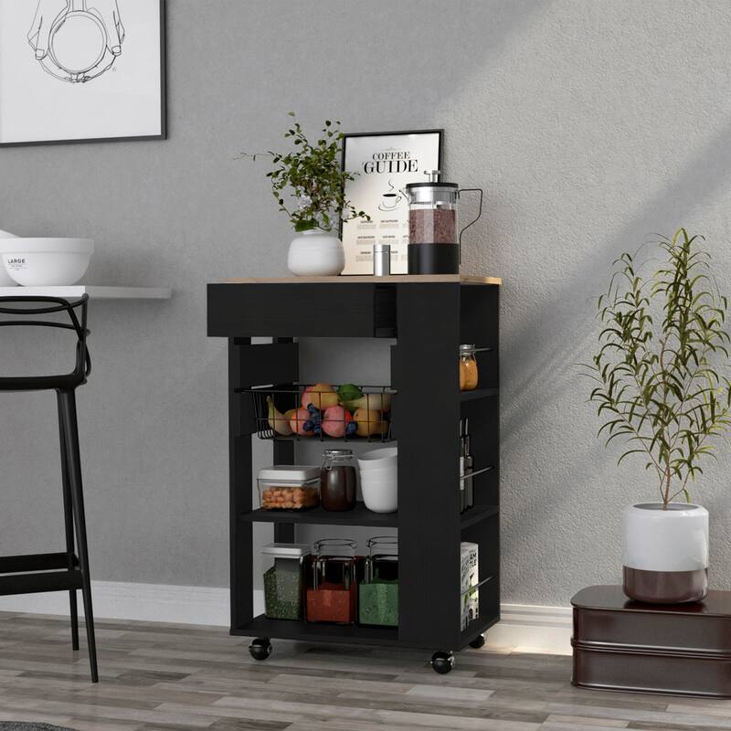 Sonex Kitchen Cart with 2 Shelves, Drawer (15.5"W x 4.7"H), Rack, and Locking Casters, Black/Oak