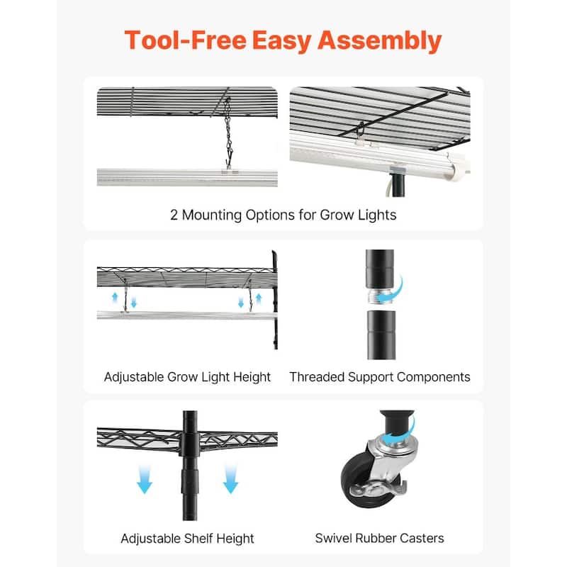 Black Metal 6-Tier Indoor Plant Stand with 5 LED Grow Lights and Timer, 71-Inch Adjustable Shelves on Wheels