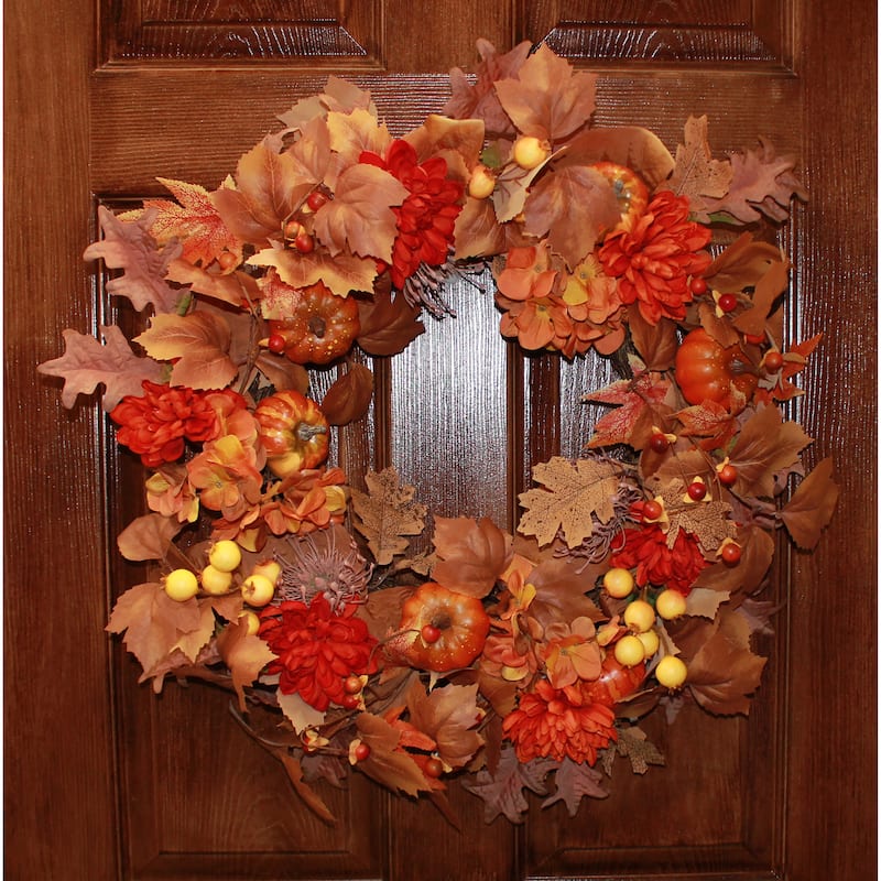24" Fall Flowers Pumpkin Berries Wreath on Natural Twig Base
