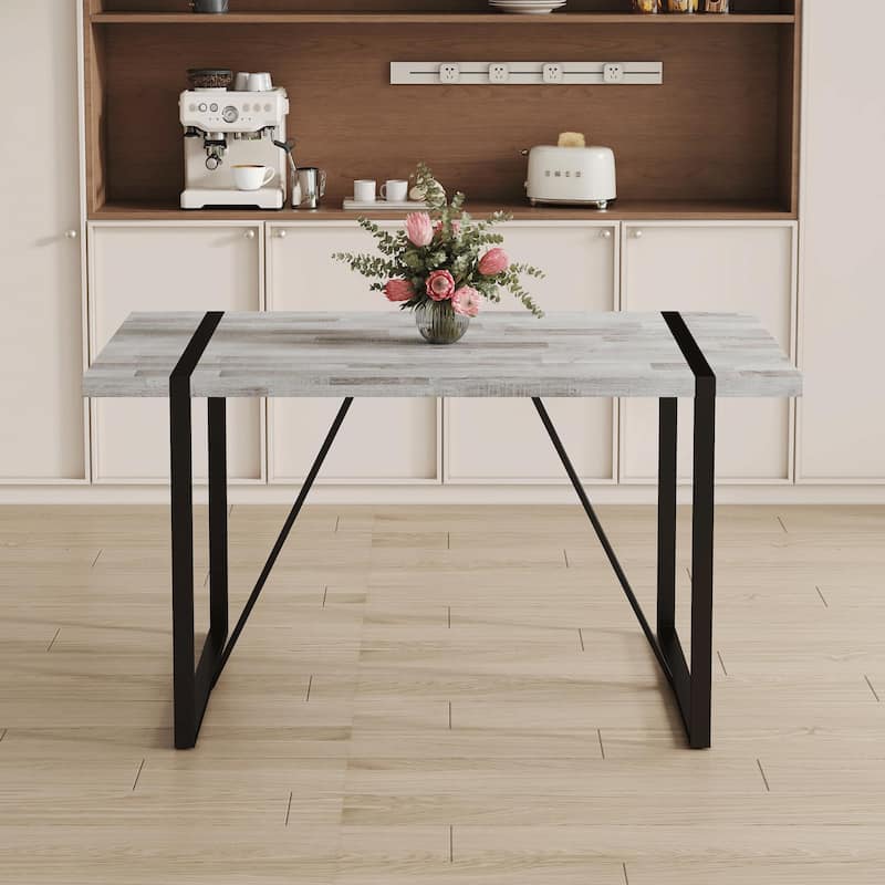 Retro-Inspired Minimalist Dining Table – Features a Textured MDF Wood Top and Sleek Black Metal Legs -  Black,Gray