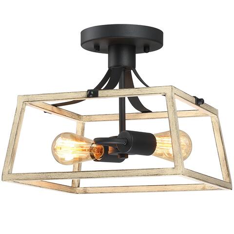 12.6 in. 2-Light Black and Wood Farmhouse Open Cage Semi-Flush Mount Ceiling Light - 12.6"W