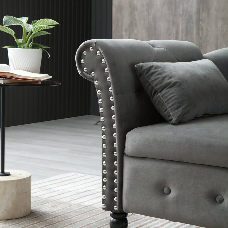 Modern 60" Velvet Upholstered Buttons Tufted Chaise Lounge Chair with Solid Wood Legs and Storage
