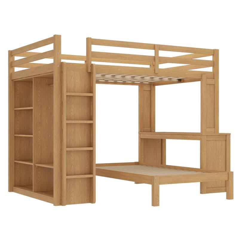 Queen Size Loft Bed & Twin Size Platform Bed Set, Wood Bunk Bed with Built-in Desk, Open Shelves and Wardrobe, Queen Over Twin