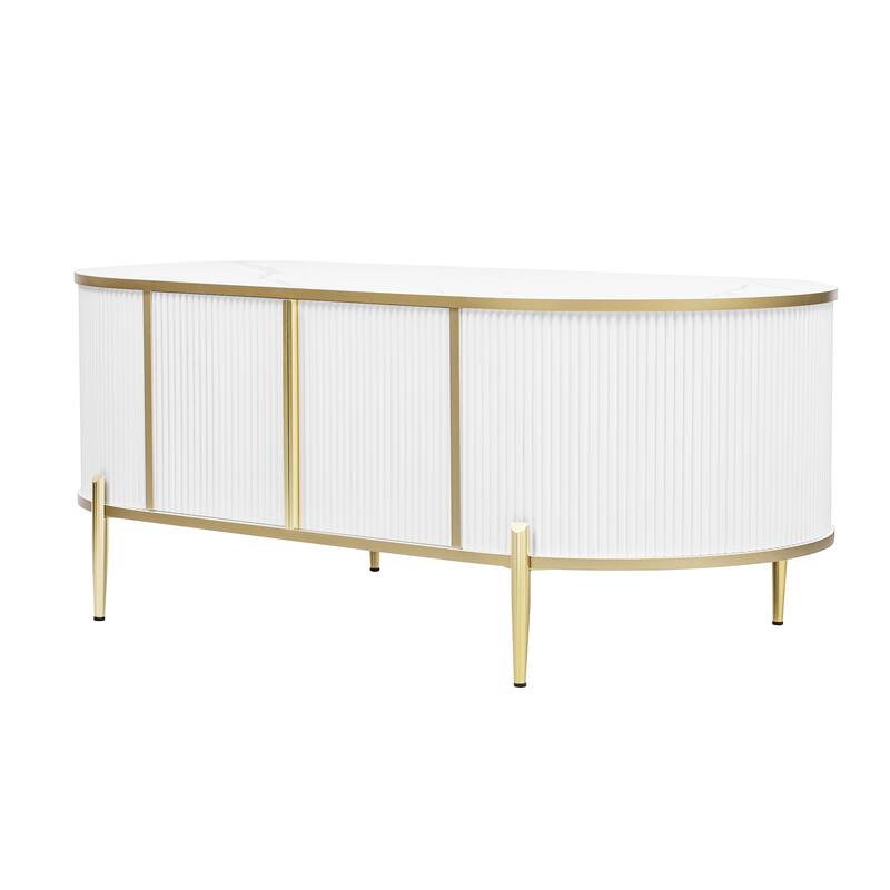 47.2" Modern Oval Coffee Table with Marble-patterned Top and 2 Cabinets