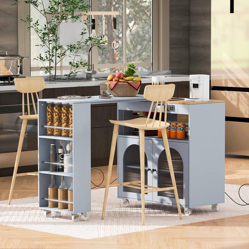Rolling Kitchen Island: Extended Table, Power Outlets, Glass Doors
