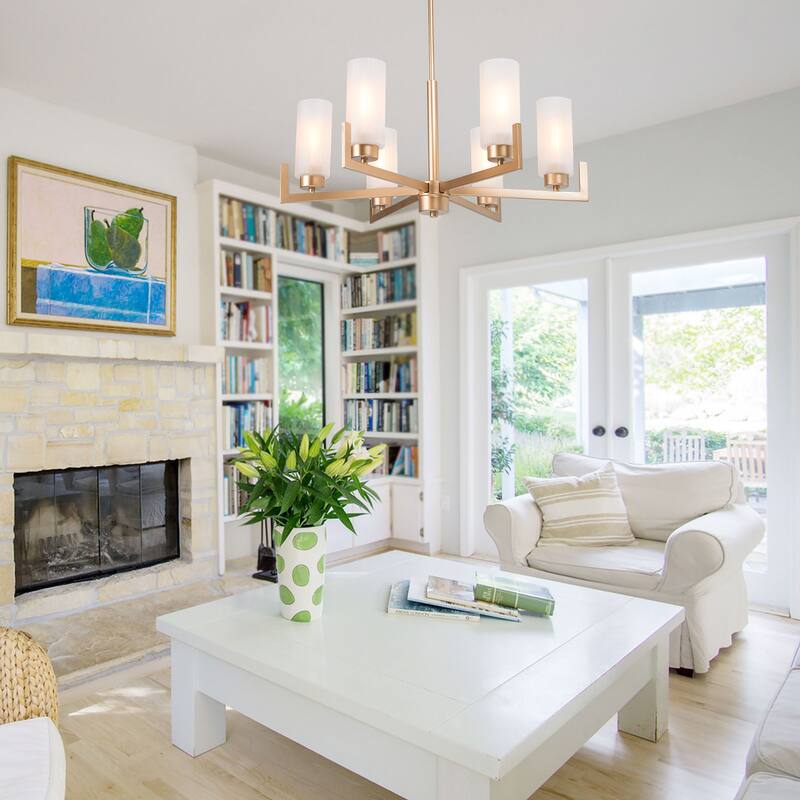 Modern Gold 6-Light Frosted Glass Wagon Wheel Chandelier for Dining Living Room - 27.5"Dx30.5"H