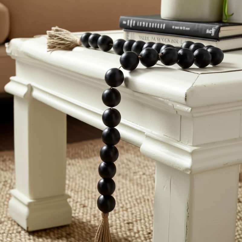 Mango Wood Jute Tassel Beaded Garland - 32" - Black - 32.0"