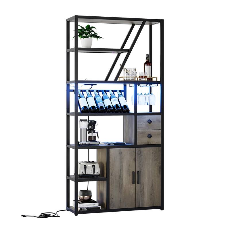 Wine Bar Cabinet with LED Lights, Tall Coffee Bar Station with Power Outlets and Wine Rack