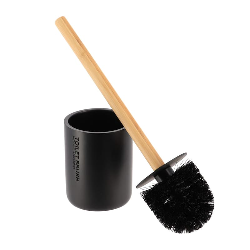 Chic Matte Toilet Brush Holder Set with Natural Bamboo Handle - 4 L x 4 W x 14.8 H