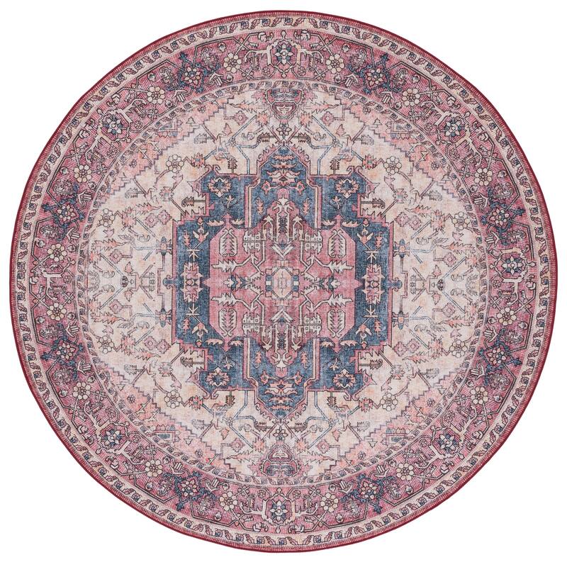 SAFAVIEH Tucson Machine Washable Slip Resistant Lenore Traditional Rug - 6' Round - Beige/Pink