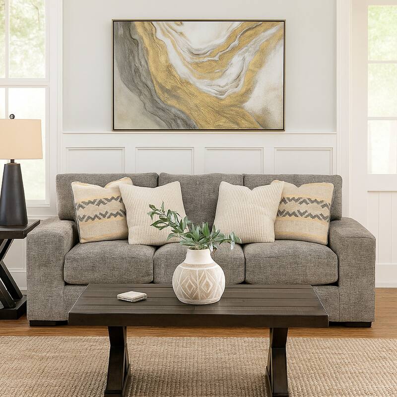 Mord Sofa, 96 Inch Soft Light Gray Polyester, 4 Accent Throw Pillows