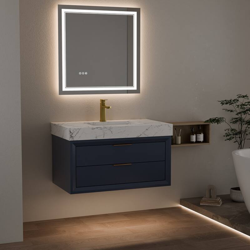 Modland 36" Wall-Mount Vanity with LED Light & 2 Soft-Close Drawers - Solid Oak, Black,White,Blue,Green - 36 inch