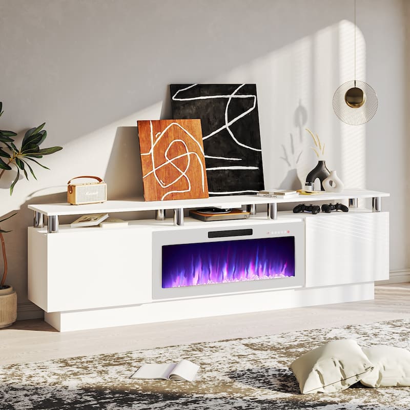 BOSSIN 80" TV Stand Entertainment Center with 36" Electric Fireplace, for TVs up to 90", High Gloss Cabinet with LED Light