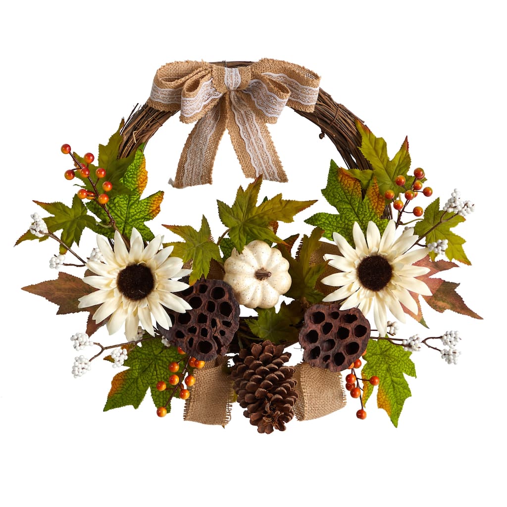 Sunflower Pumpkin Dried Lotus Pod Artificial Fall Harvest Wreath 20-"
