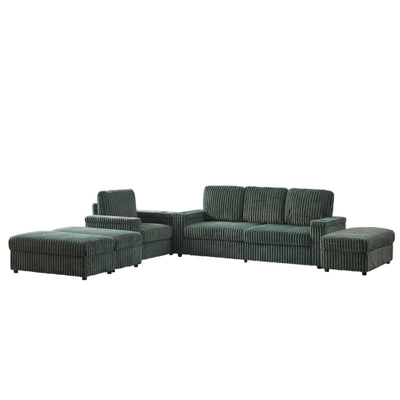 3-seater Modern Sofa with Corduroy Single Sofa, Cup-holding Grooves and 3 Ottomans