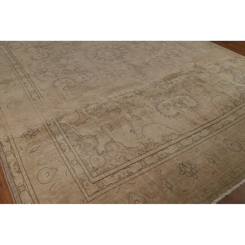 Tabriz Persian Vintage Rug Hand-Knotted Bedroom Beige Wool Carpet - 9'11" x 13'1"