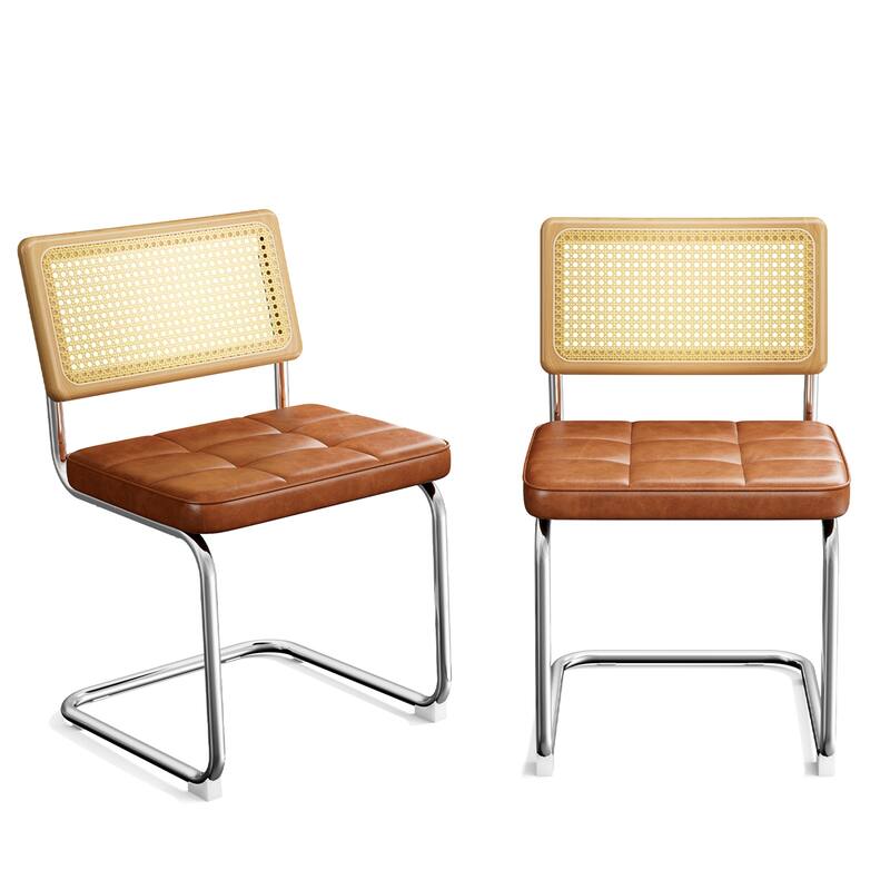 Natural Rattan Dining Chairs with Solid Wood Back, Upholstered Faux Leather (Set of 2) - Brown