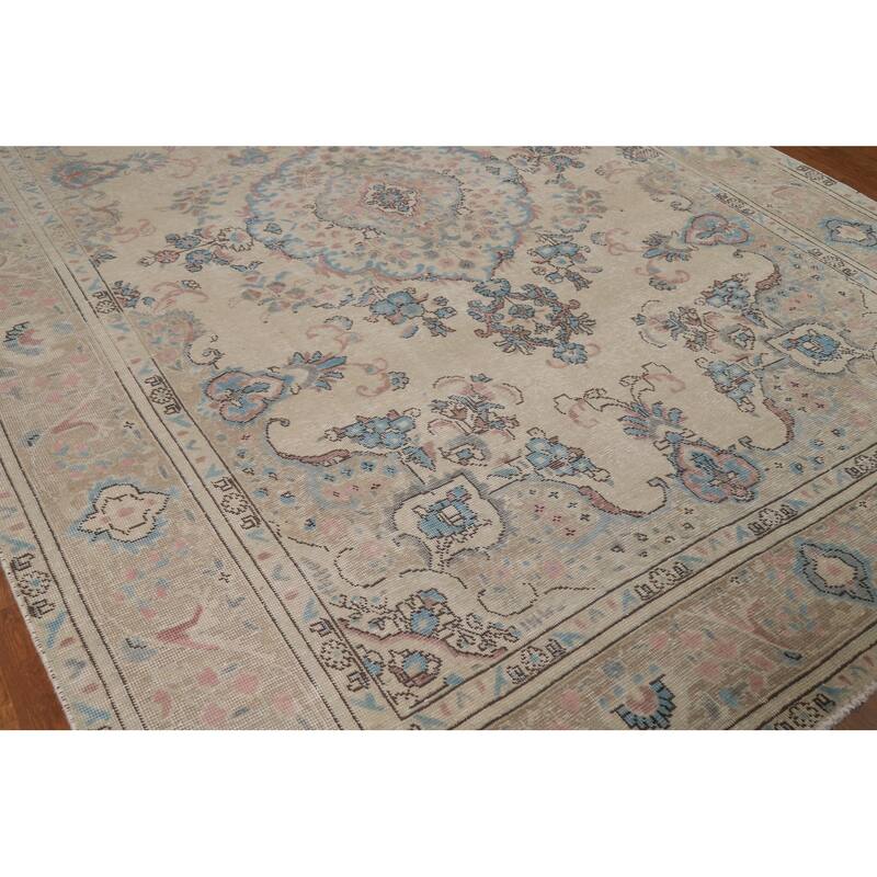 Tabriz Persian Area Rug Beige Oriental Hand-Knotted Wool Carpet - 7'11"x 11'0"