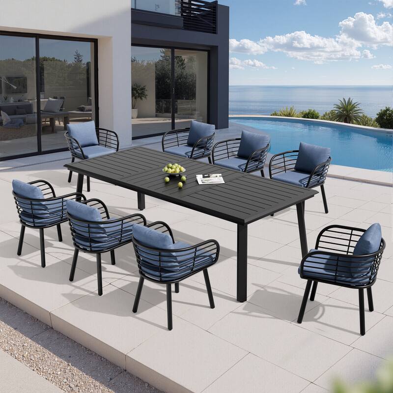 9-PC Outdoor Patio Aluminum Dining Set Table With Dining Chairs Sunbrella Seat&Back Cushions Umbrella Hole