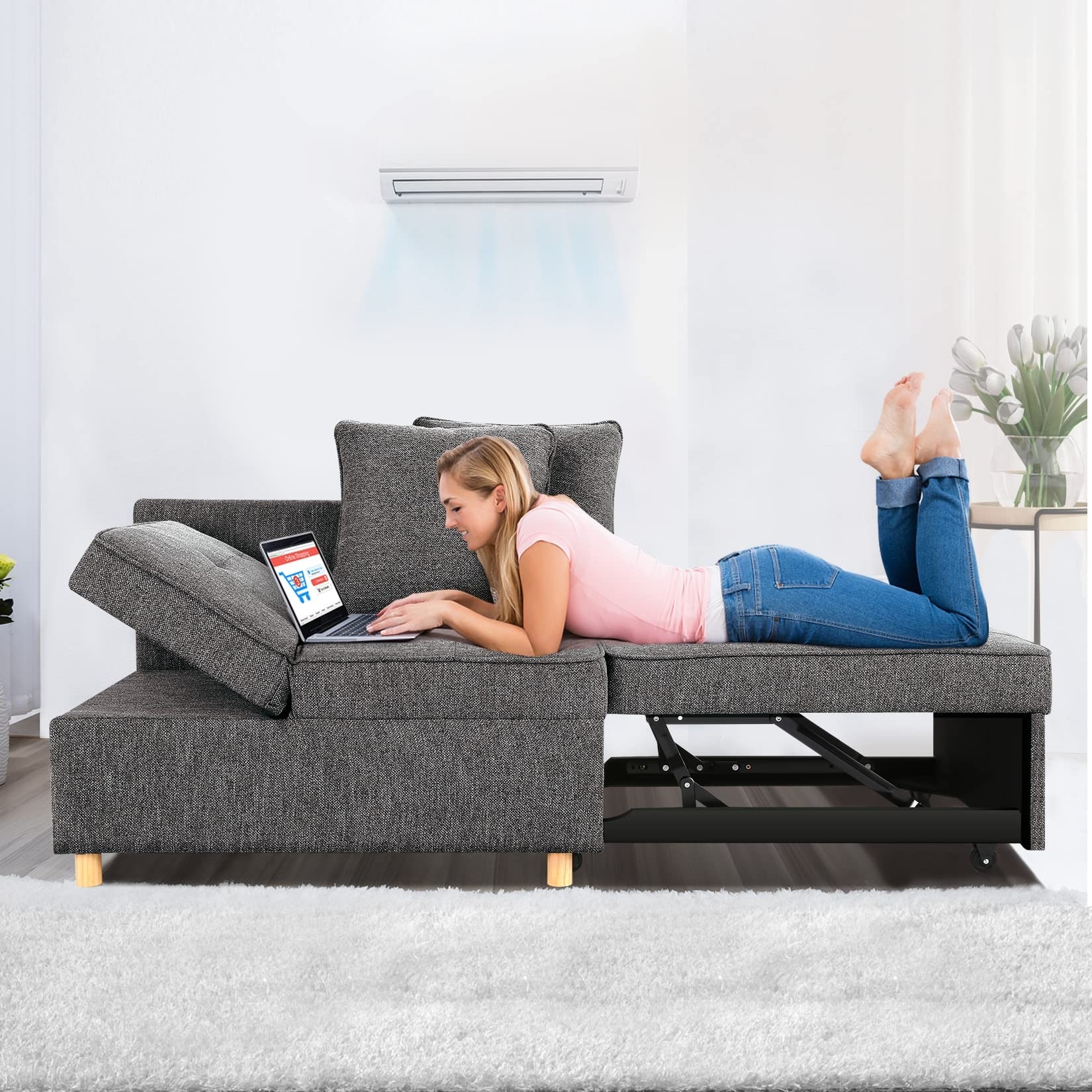 Sofa Bed 4 in 1 Convertible Sofas Couches 3 Seat Linen Fabric loveseat Sofa with 2 Pillow Single Recliner for Small Space Bed Bath Beyond 40385993